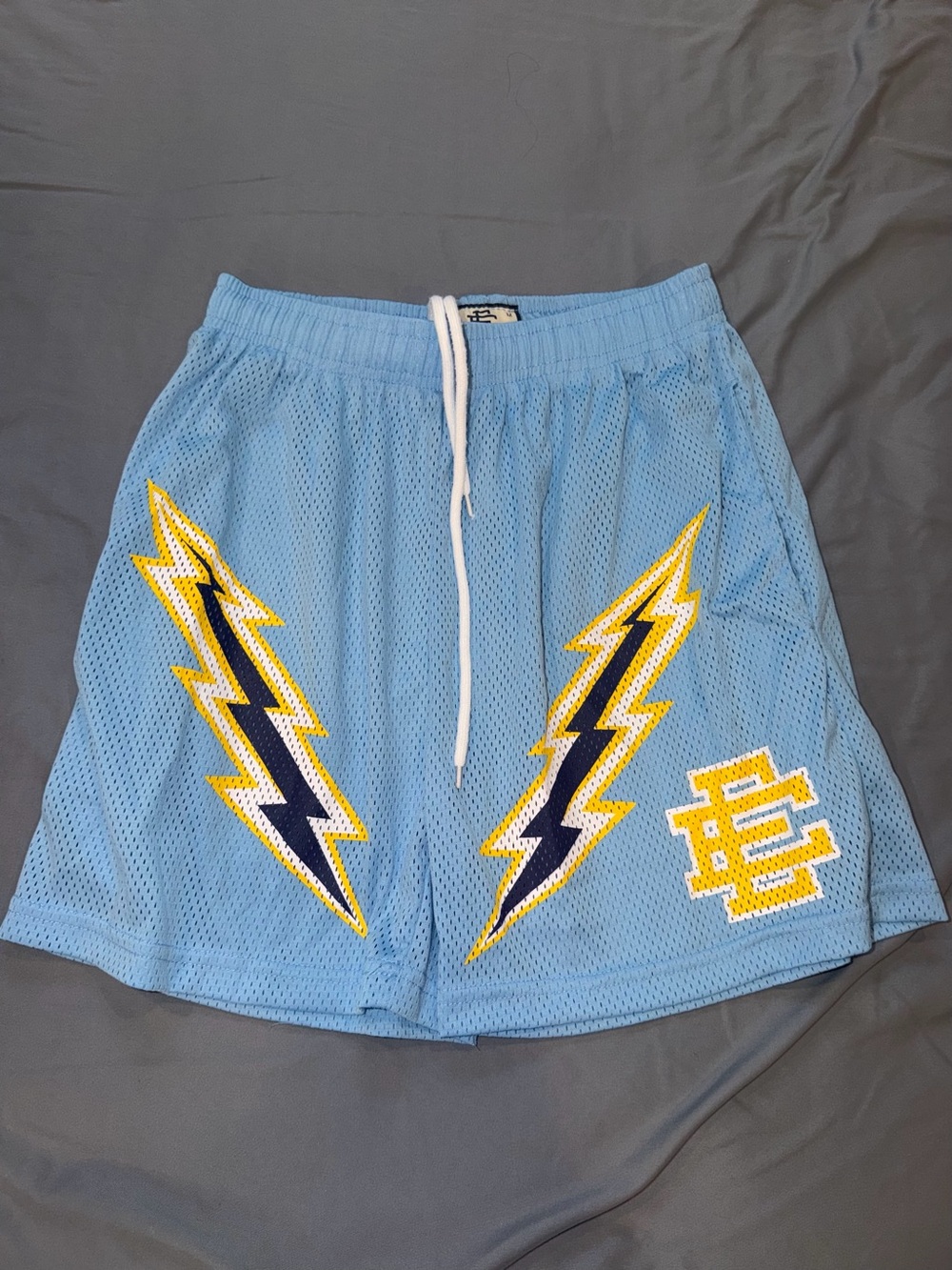 Eric Emanuel  Light Blue Mesh Shorts with Yellow & Navy Lightning